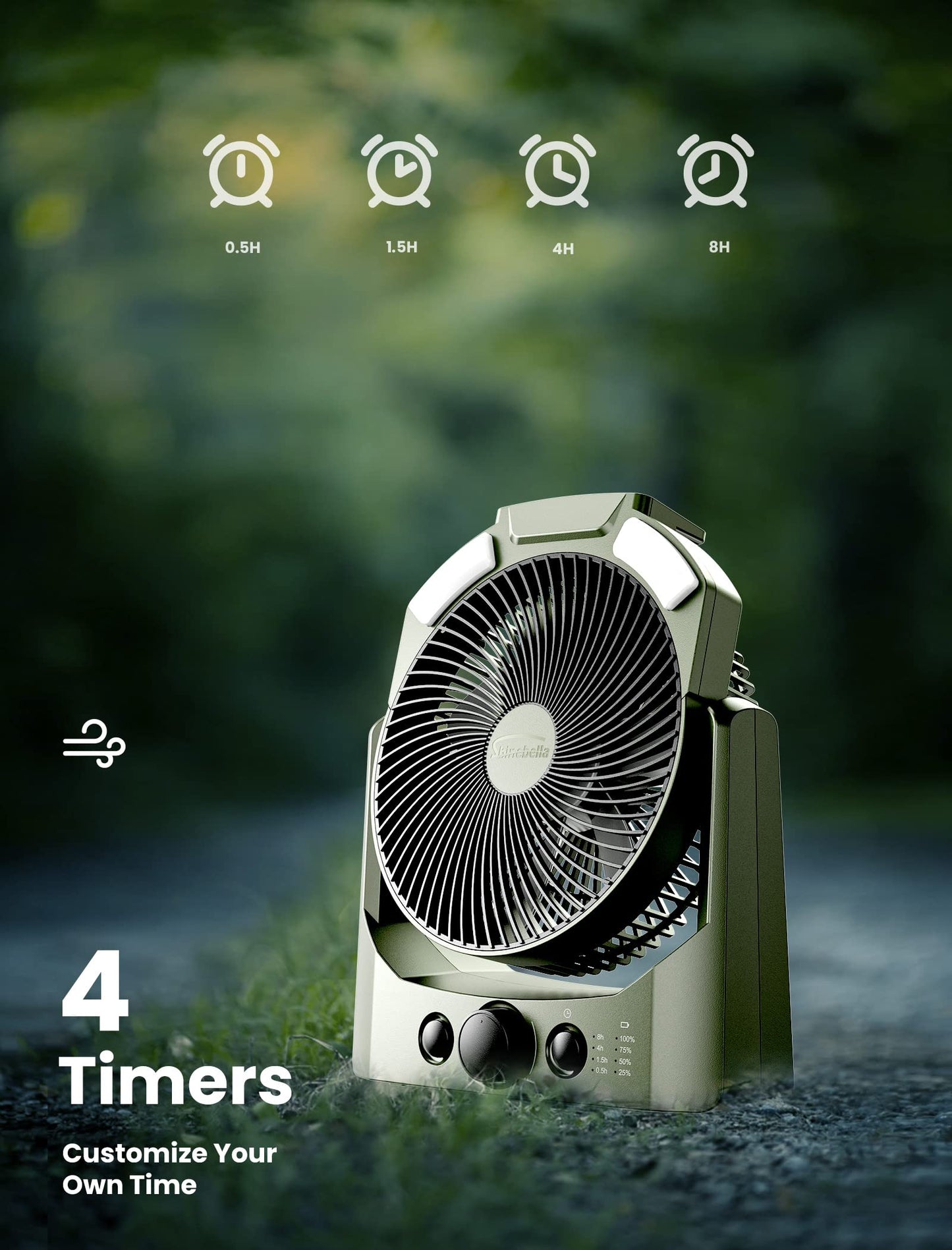 D Battery Powered Camping Fan (Batteries Not Included) with 4 Timer Modes, 8.5’’ Desk Fan with LED Lantern and SOS Light, 180° Rotation, Quiet
