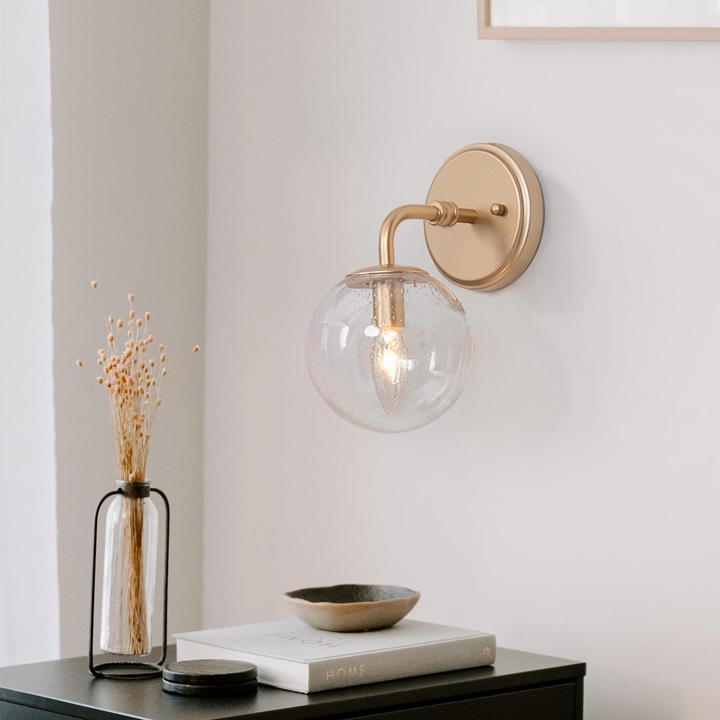 GEPOW Gold Wall Sconce, 1-Light Minimalist Sconces Wall Lighting with Seeded Glass Globe, Modern Wall Mounted Light Fixture for Bathroom, Bedroom