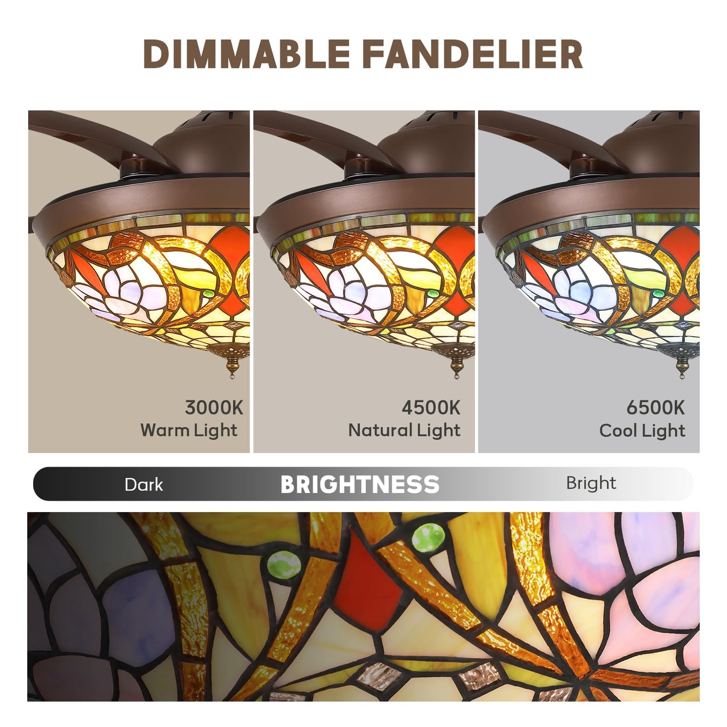 Siljoy 36 inch Tiffany Stained Glass Ceiling Fan,Retro Chandelier Fan with Glass Shade, Farmhouse Invisible Retractable Ceiling Fan with Lights