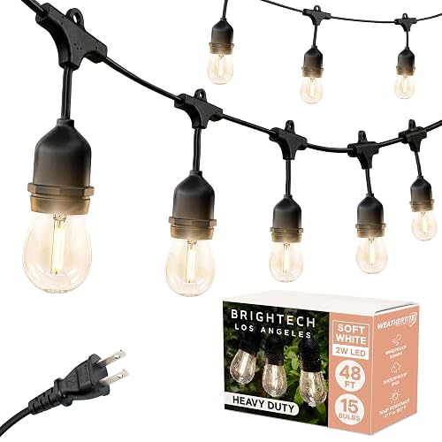 Brightech Ambience Pro - Waterproof LED Outdoor String Lights - Hanging, Dimmable 2W Vintage Edison Bulbs - 48 Ft Commercial Grade Patio Lights Create