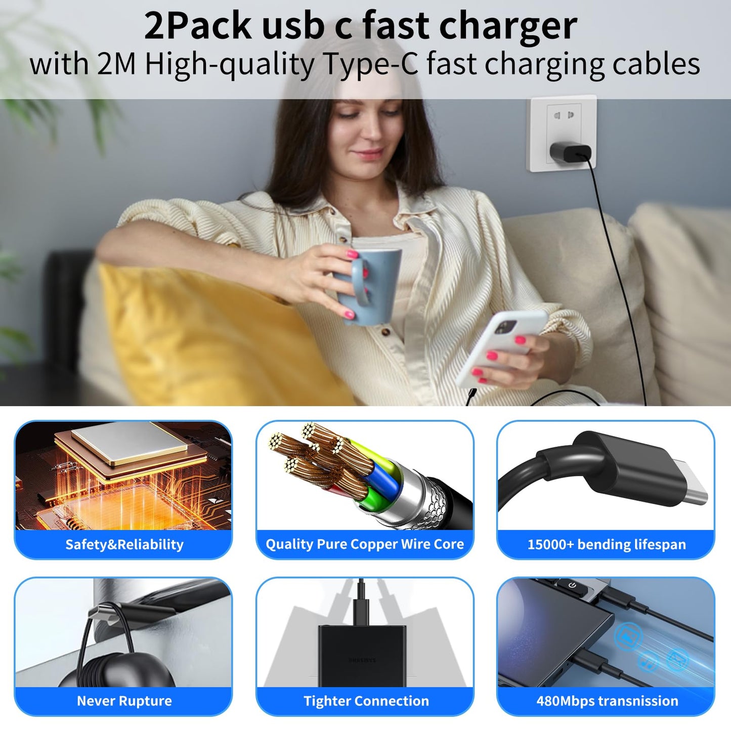 Type C Charger Fast Charging for Samsung 25W Fast Charger, 2-Pack PD/PPS USB C Fast Wall Charger Block with 6FT Type C to Type C Cable for Samsung