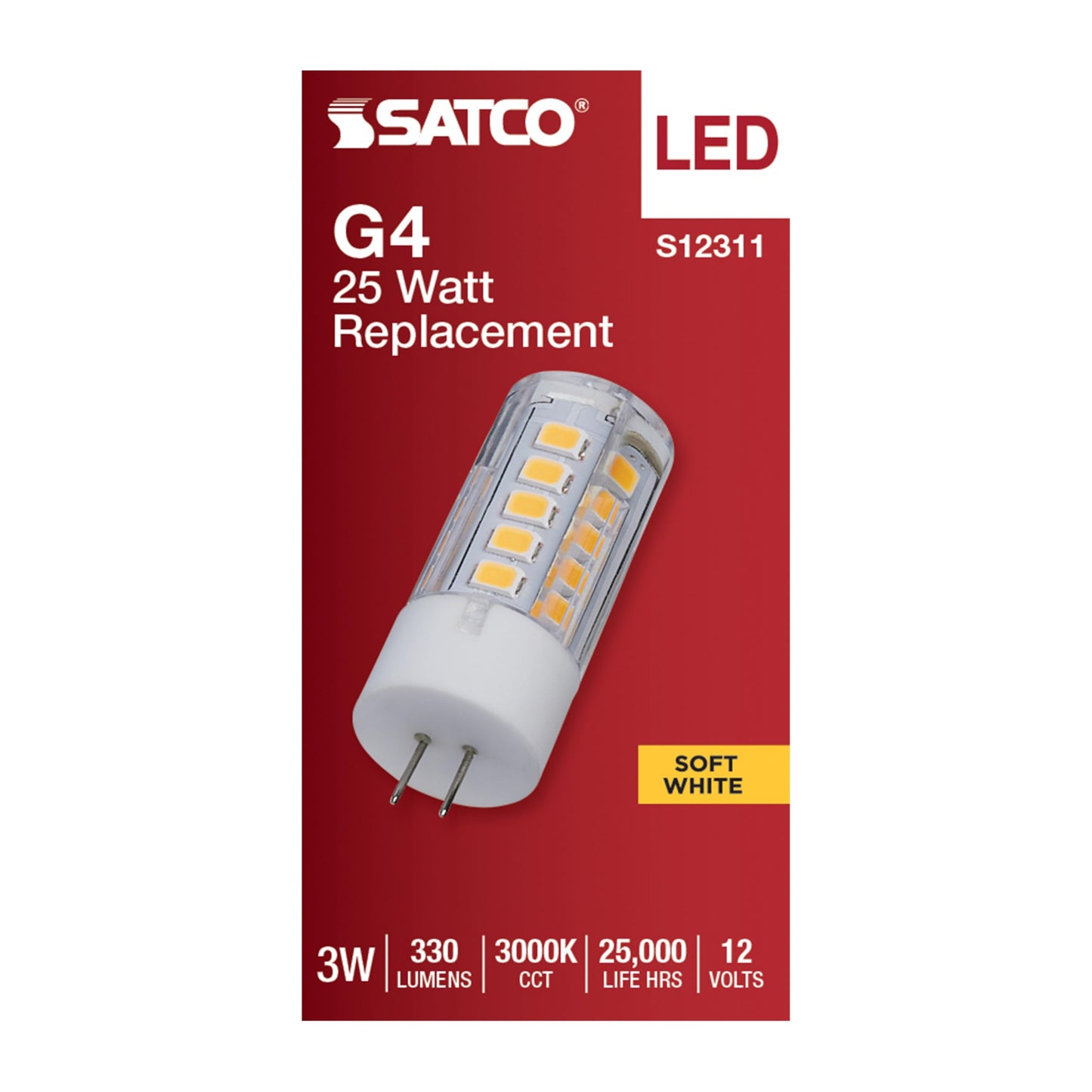 Satco S12311 T5 LED Bi-Pin G4 Base Lamp, 12V Low Voltage Halogen Replacement, 3000K, Clear