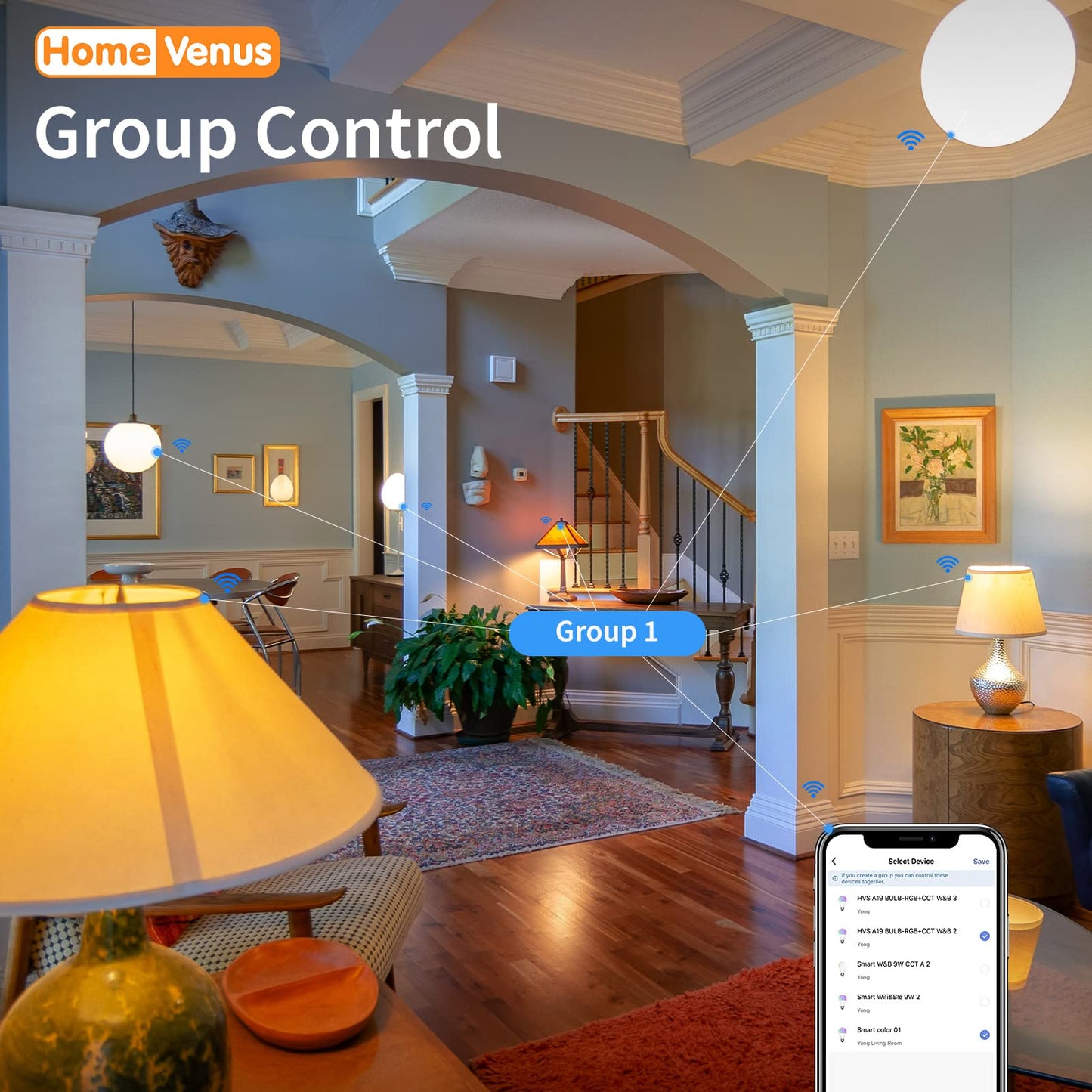 Homevenus HVS Smart Light Bulbs,9W A19 E26 Dimmable Tunable Cool Warm White LED Light Bulb 2500k-6500k, APP Control 2.4GHz WiFi Bluetooth Assist