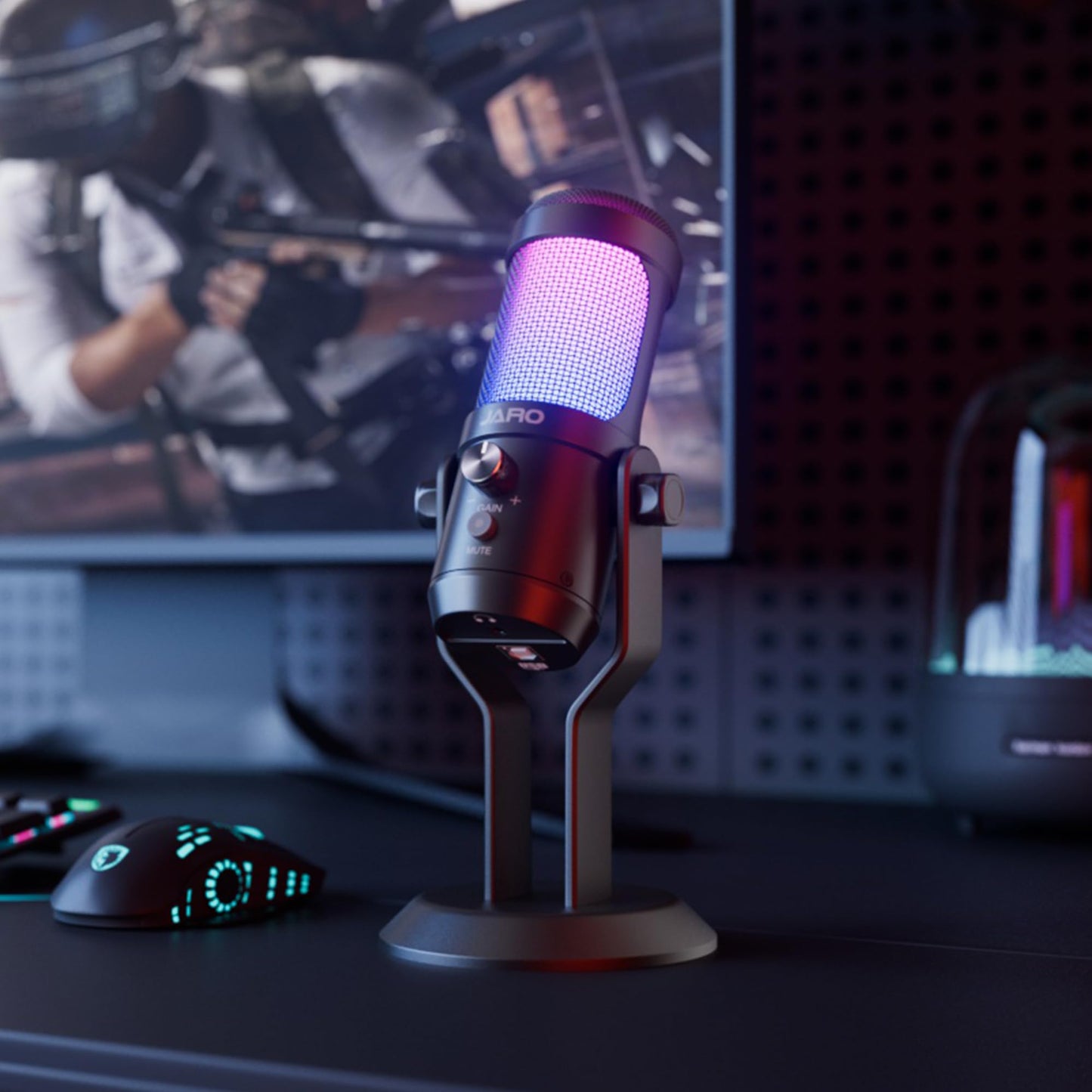 JARO USB Condenser Microphone with Mute Noise Cancelation RGB for Podcasting Gaming Streaming YouTube Zoom AMSR Singing Recording [Compatible with PC