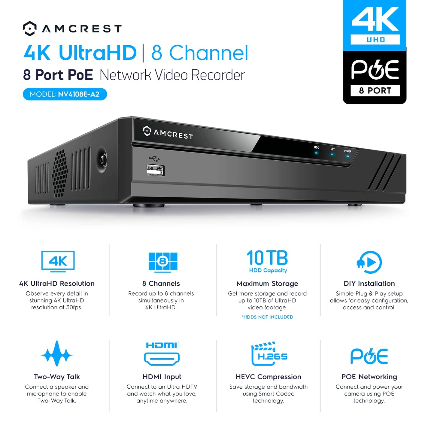 Amcrest 4K POE Security Camera System with 4K 8Ch PoE NVR (4) x 8 Megapixel Turret IP POE Cameras (3840x2160) Pre Installed 2TB Hard Drive