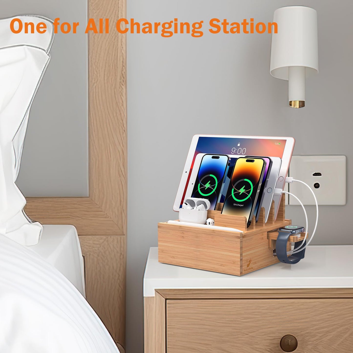 Pezin & Hulin Desktop USB Charging Station with Bamboo Charging Station, Desktop Charger Block, Compatible with Tablet, Cell Phone, Earbuds