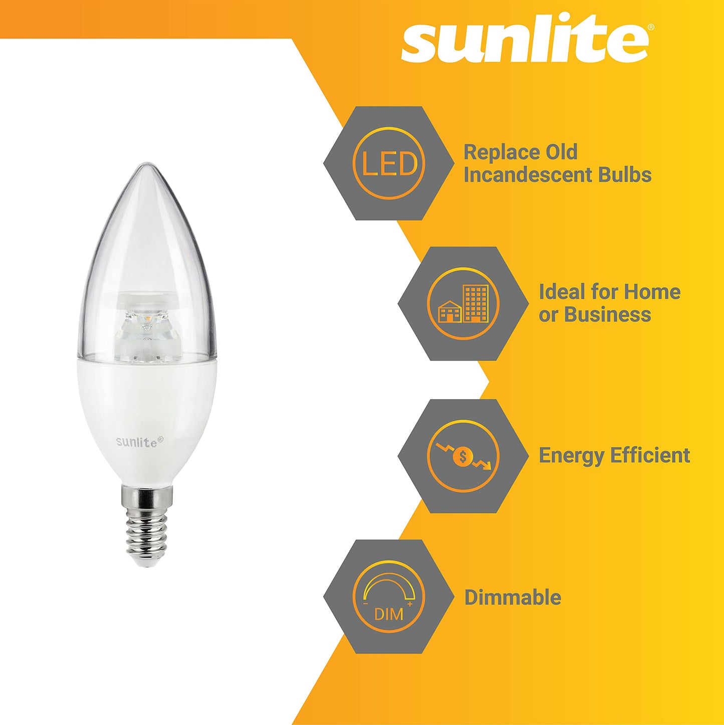 Sunlite 41611 LED B10 Clear Torpedo Tip Chandelier Light Bulb, 5 Watts (40W Equivalent) 470 Lumens, European E14 Base, Dimmable, 2700K Soft White, 6