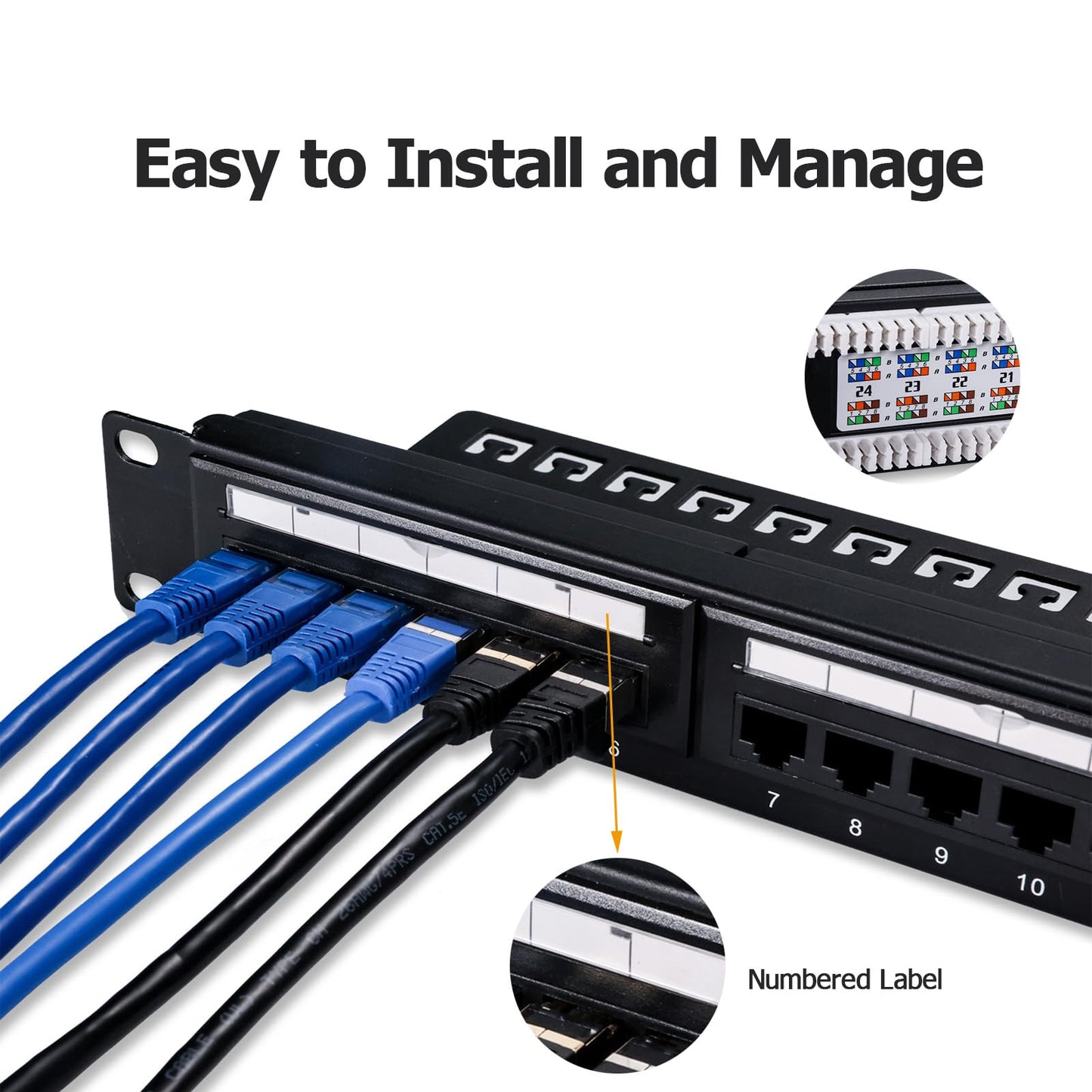 6COM 6COMGIGA 24 RJ45 Port Cat6 Patch Panel with Removable Back Bar,Support 110 & Krone Terminations,1U 19 Inch Network Patch Panel for Cat6, Cat5e