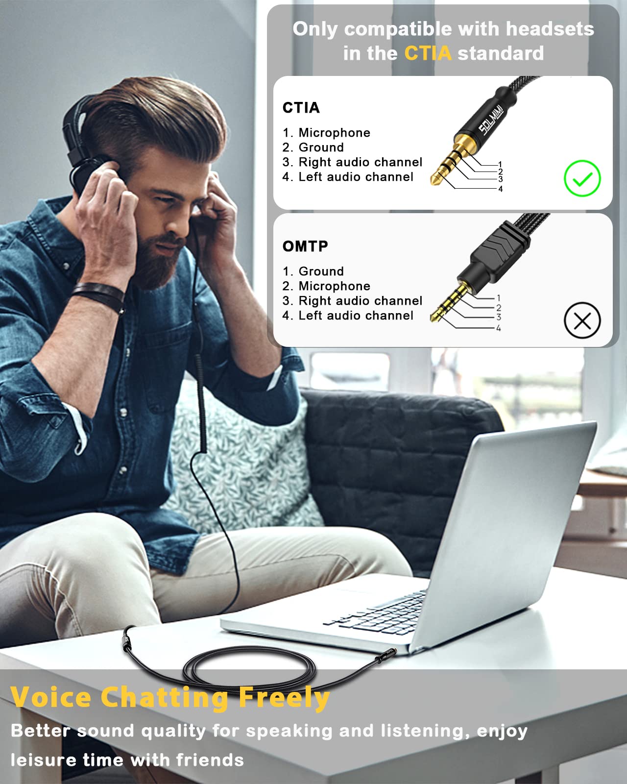 SOLMIMI Headphone Extension Cable 4 Pole 3.5mm TRRS Male to Female Lossless Stereo Audio Cable Extension (4 ft/ 1.2 m) Nylon Braid Aux Cord Extension…