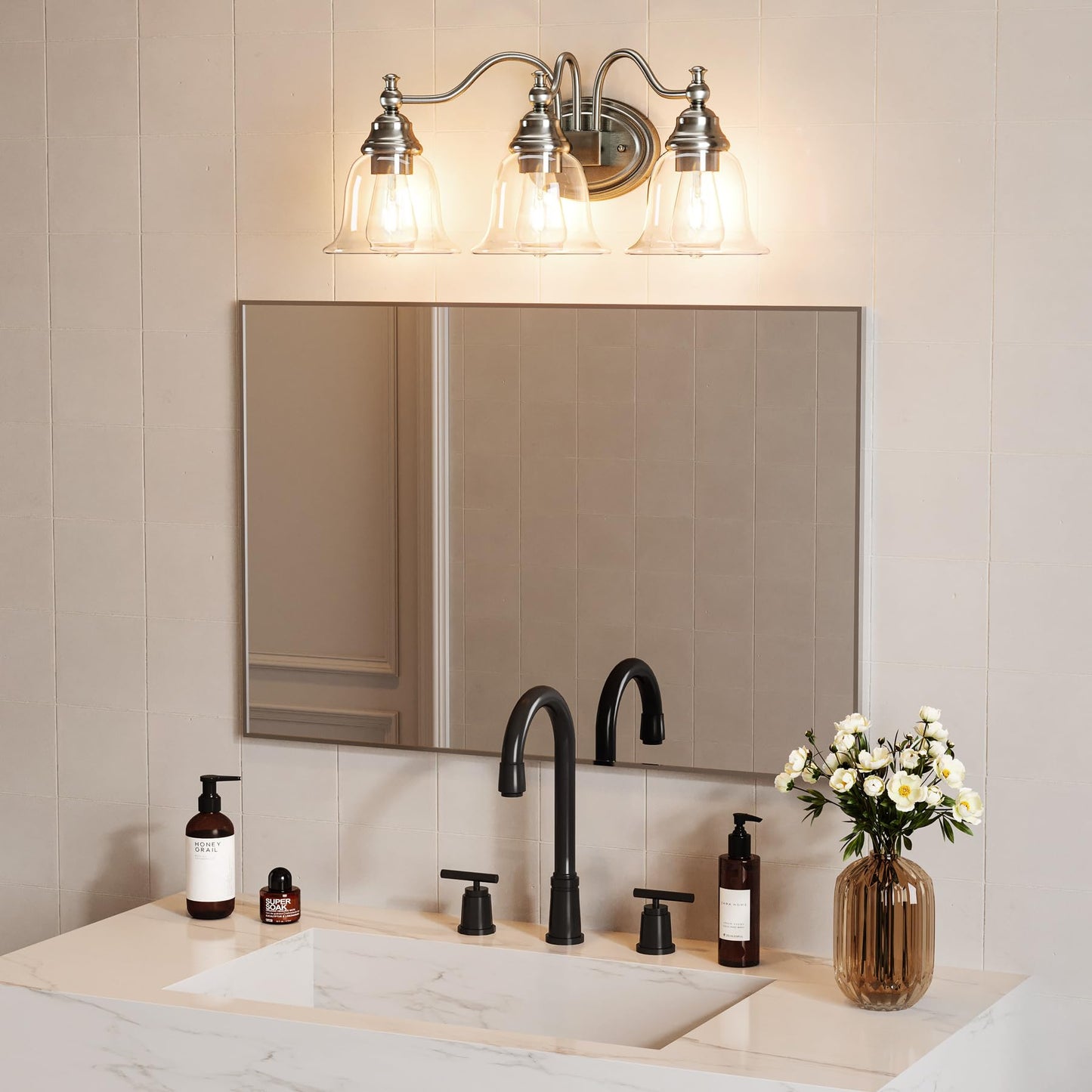 Tribesigns 3-Light Bathroom Light Fixtures, Modern Vanity Light with Clear Glass Shade, Bathroom Wall Lamp for Mirror Living Room Kitchen Hallway