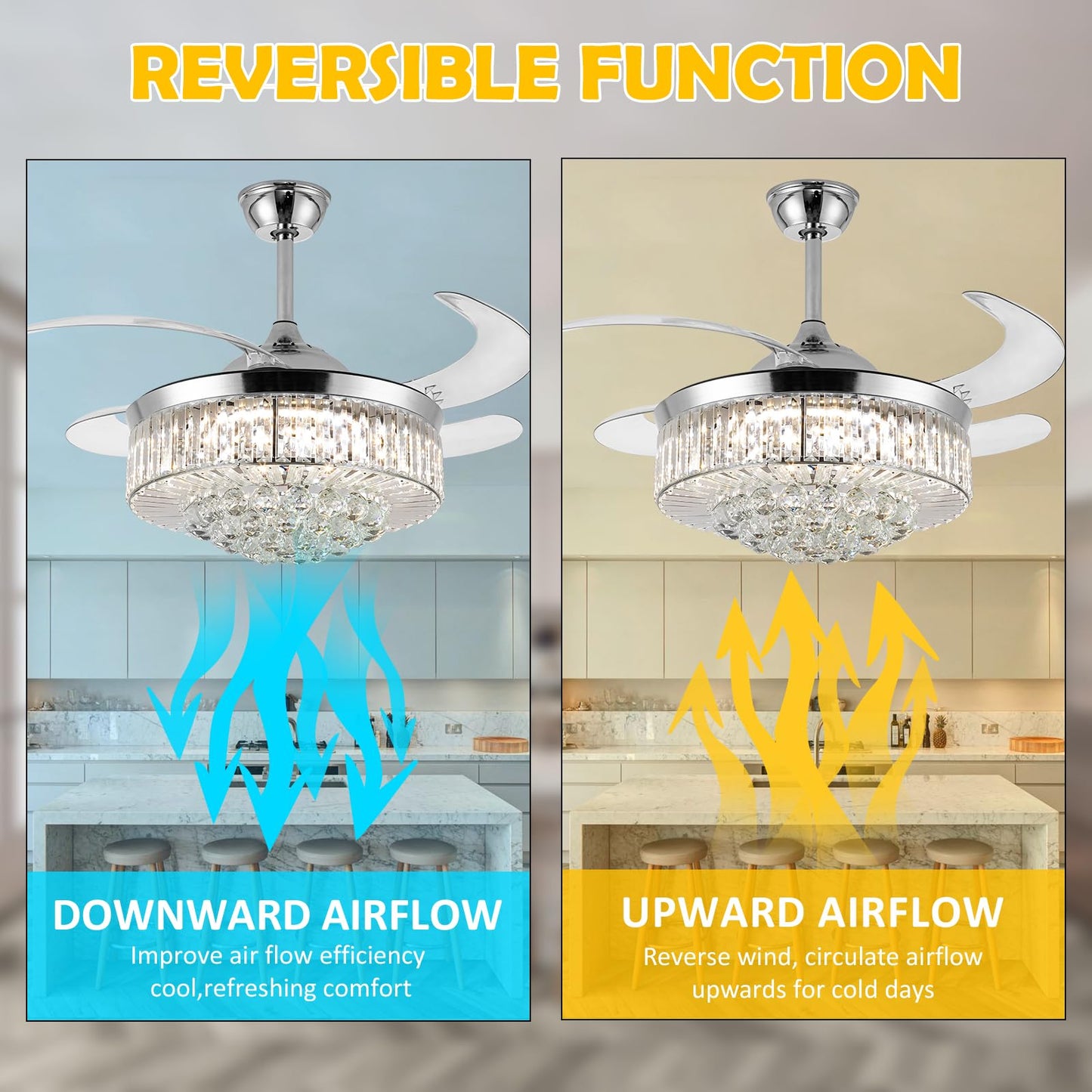 Panghuhu88 36" Invisible Ceiling Fan Chandelier Light,Modern Crystal Ceiling Fan Light Remote Control 4 Retractable ABS Blades for Bedroom Living Room