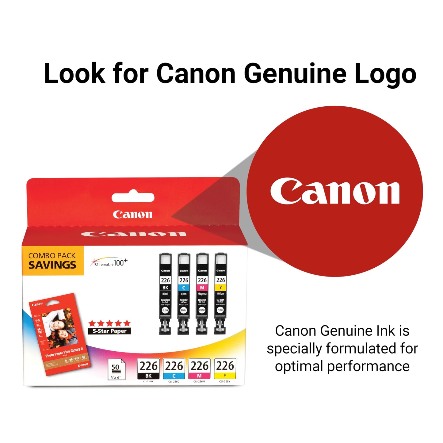 Canon CLI-226 Genuine Color Pack with 50 Photo Paper Sheets, Compatible with iP4820, MG5220, MG5120, MG6120, MG8120, MX882, iX6520, iP4920, MG5320