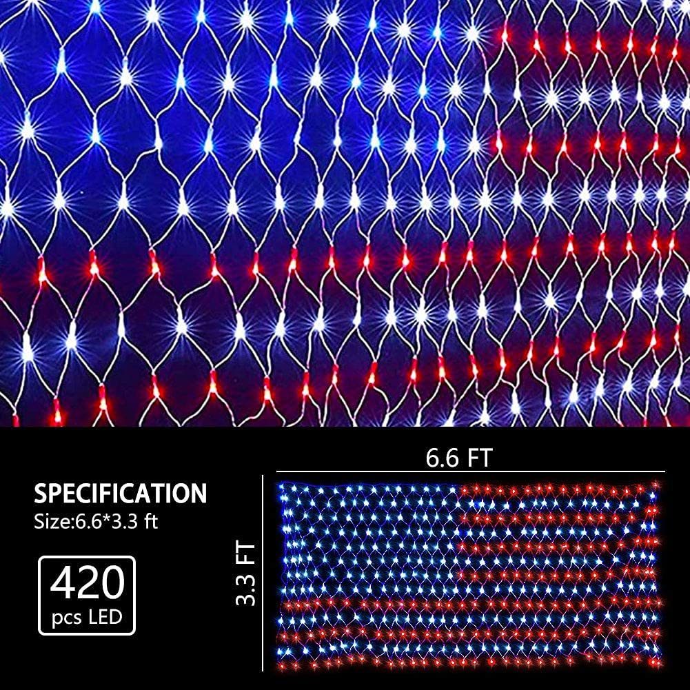MINIAO American Flag Lights, 420 Super Bright Lighted American Flag Net Light Waterproof US Flags String Light for Independence Day July 4th