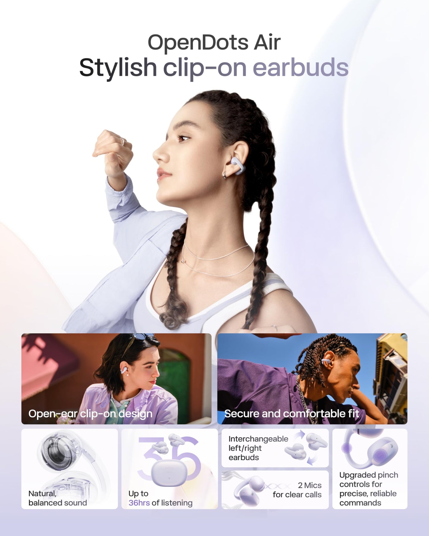 SHOKZ OpenDots Air Open-Ear Clip-On Bluetooth Earbuds, Purple,Touch Control