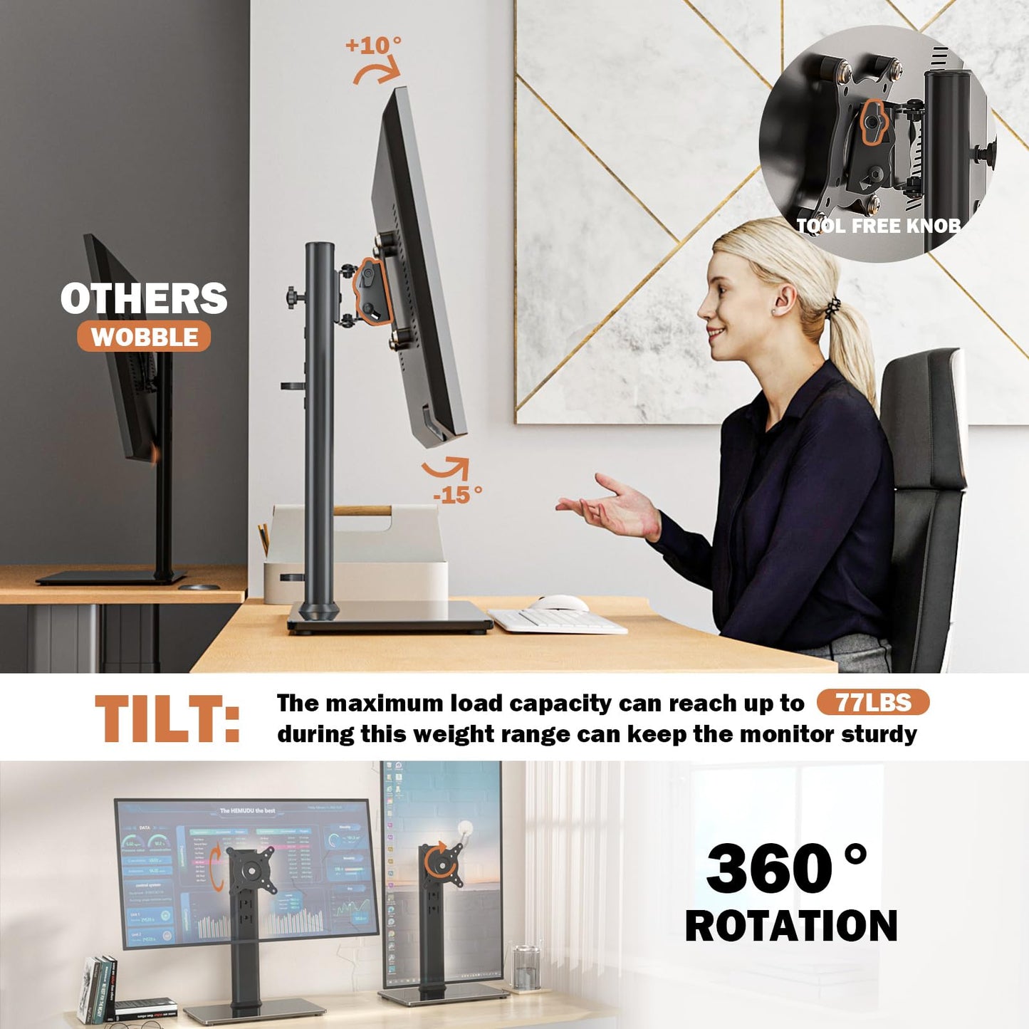 Single LCD Computer Monitor Free-Standing Desk Stand Mount Riser for 13 inch to 32 inch screen with Swivel, Height Adjustable, Rotation, Vesa Base