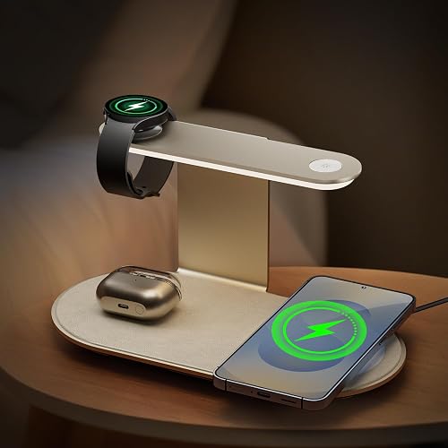 Aluminum 4-in-1 Charging Station for Samsung/Android with 3-Level Night Light, 18W Wireless Charger for Galaxy S25 Ultra/S24/S23/S22/Note 20,Galaxy