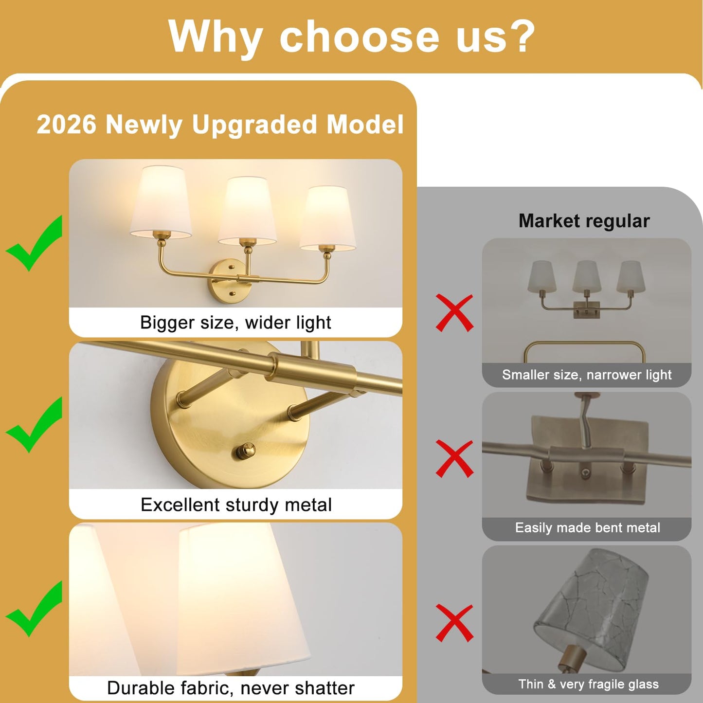 Bathroom Light Fixtures, 3-Light Brushed Gold Vanity Lights, 24.5" Bathroom Lighting Fixtures Over Mirror with White Flared Fabric Shade, Modern Wall