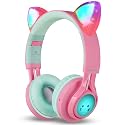 Riwbox CT-7 Cat Ear Kids Bluetooth Headphones, LED Light Up Bluetooth Wireless Over Ear Headphones with Microphone and Volume Control