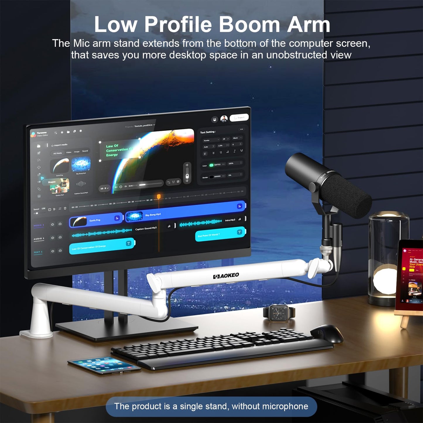 Microphone Arm,Aokeo AK-55 Desk Low Profile Adjustable Mic Boom Arm Stand,Suitable For Blue Yeti,Snowball iCE, HyperX QuadCast,SoloCast,Elgato