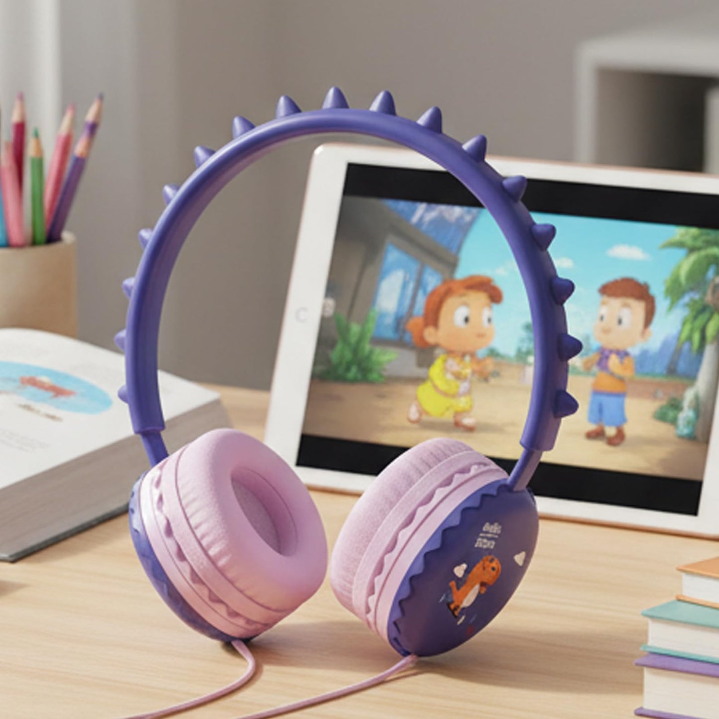 KERHAND Kids Dinosaur Wired Headphones with Noise Cancelling Purple