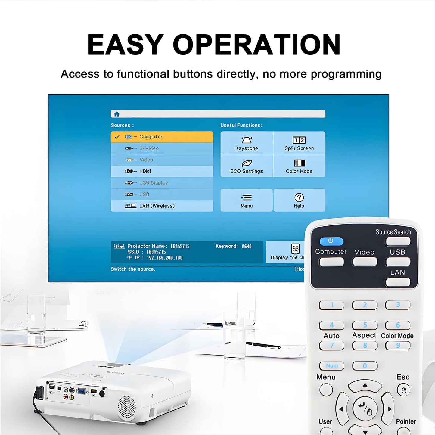 Projector Remote Control Only for Epson LCD Home Cinema, Powerlite, EB-,EX,VS, H, BrightLink, EMP- Series Projectors Remote Replacement