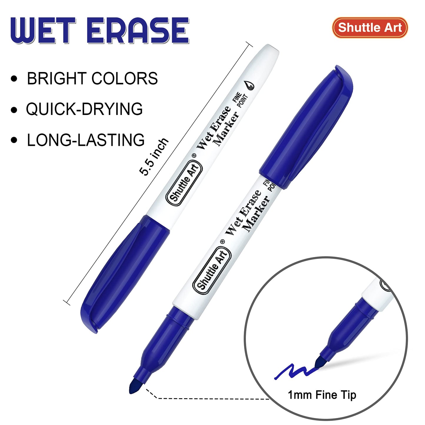 Shuttle Art Wet Erase Markers, 15 Pack Blue 1mm Fine Tip Smudge-Free Markers, Use on Laminated Calendars, Overhead Projectors, Schedules, Whiteboards