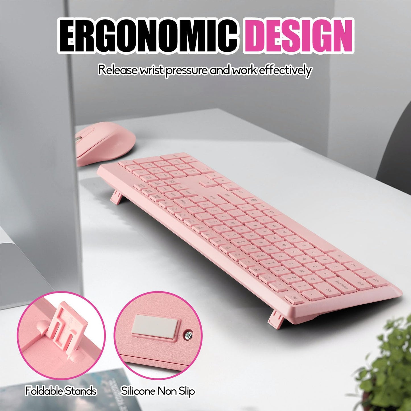 Wireless Silent Keyboard Mouse Combo, Ultra-Slim USB Keyboard Silent Mouse Set, Water-Dropping Keycaps, 12 Shortcuts, 2.4GHz Wireless Connection