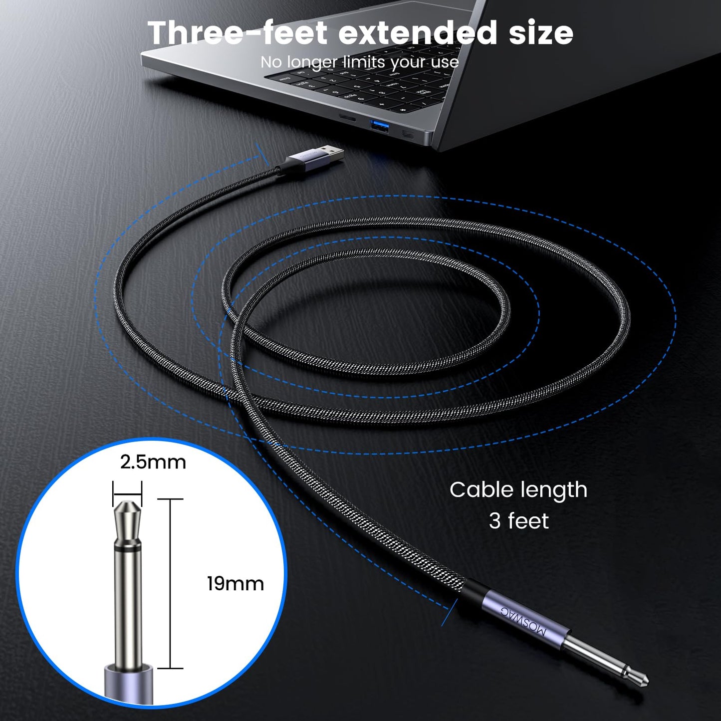 MOSWAG USB DC Charging Cable 2.5mm, 3ft Replacement DC Charging Cable USB Fast Charging Cord -1 Pack (2.5mm Port, Length 19mm)-(This is NOT Barrel