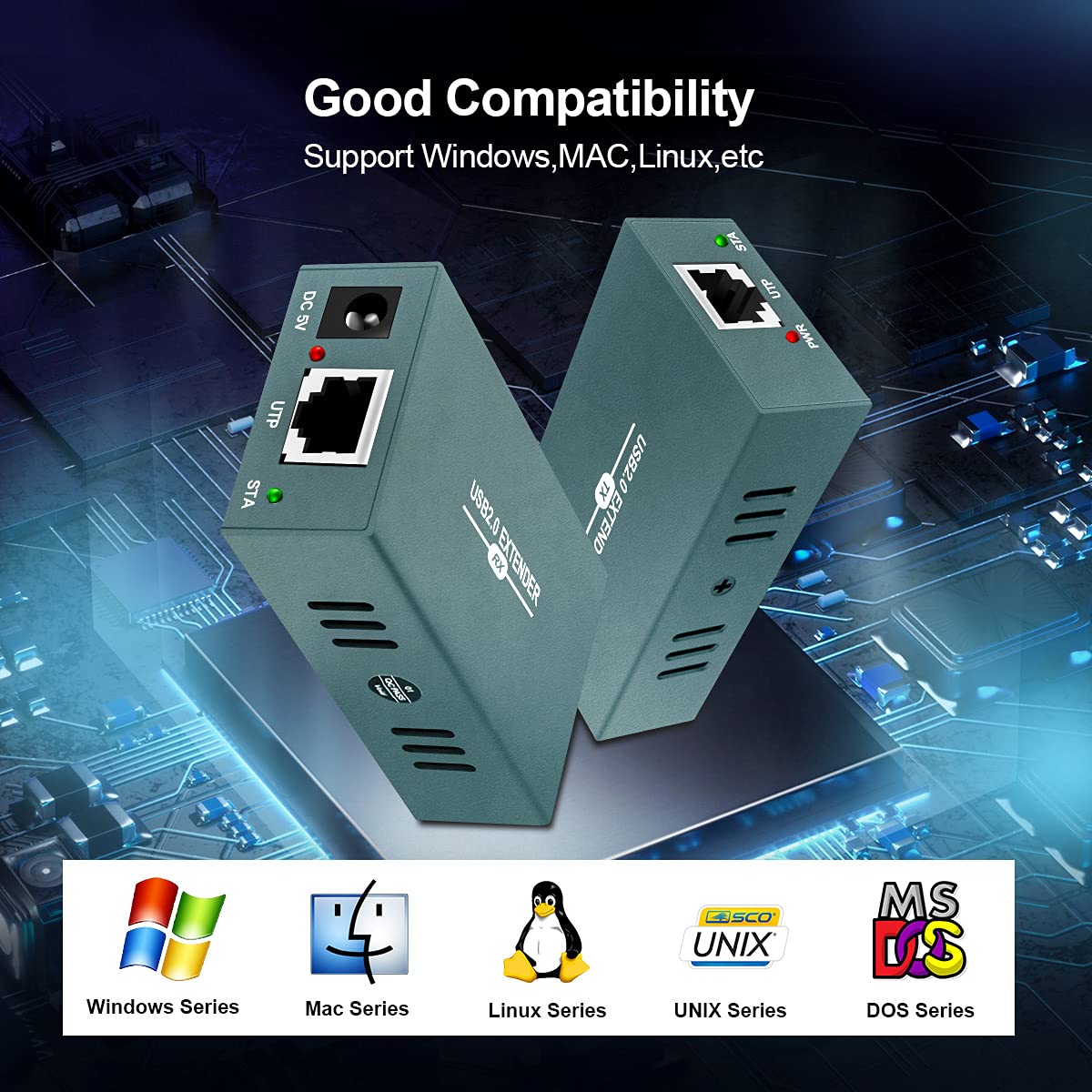 USB Extender Over Ethernet RJ45 LAN Extension, with 4 USB 2.0 Ports, Transmit 50m/165ft Over Ethernet Cat5/5e/6/7, Support Power Over Cable, Play