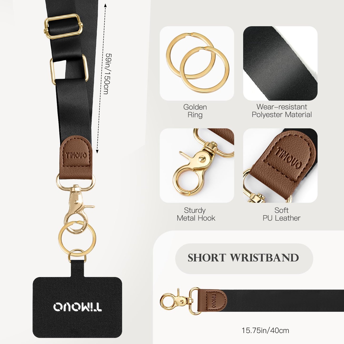 TiMOVO Phone Lanyard Crossbody Wrist Strap, Adjustable Anti-Theft Strap for Smartphone Case, Black