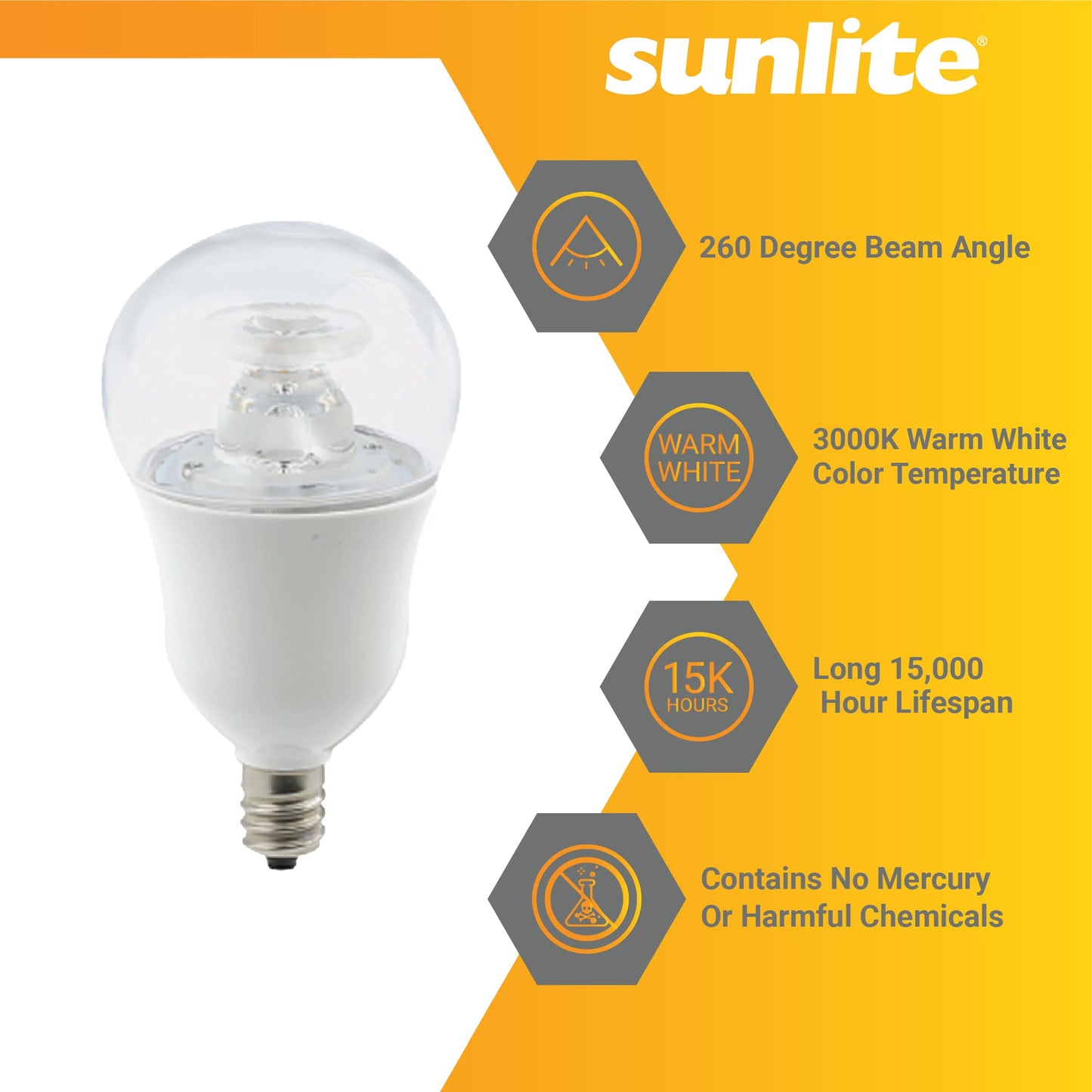 Sunlite 80135 LED A15 Appliance Clear Light Bulb, 6 Watts (40W Equivalent), 450 Lumens, Candelabra Base (E12), 90 CRI, Dimmable, ETL Listed, Ceiling