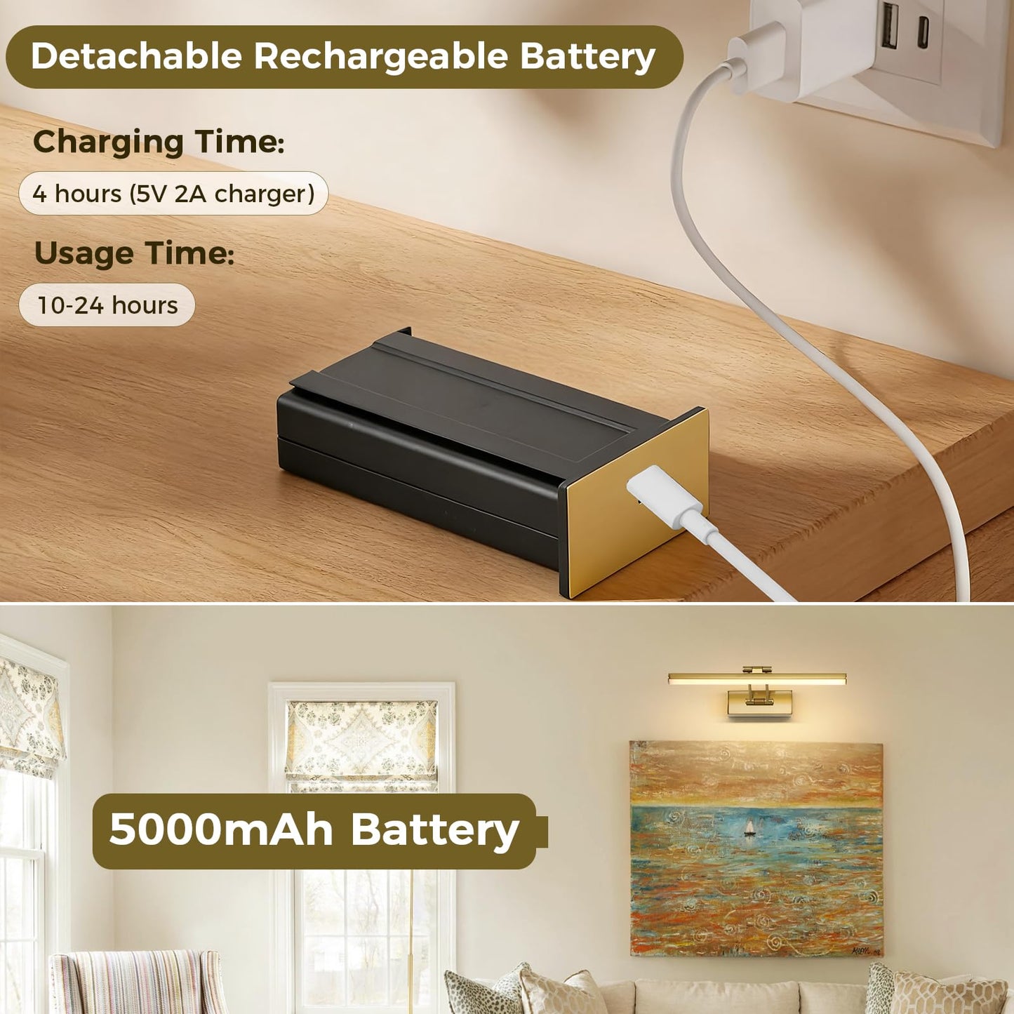 JUSHENG Picture Lights for Wall Battery Operated, Brass 3CCT Dimmable Gallery Light with Detachable Battery and Timer, Rechargeable Picture Lighting