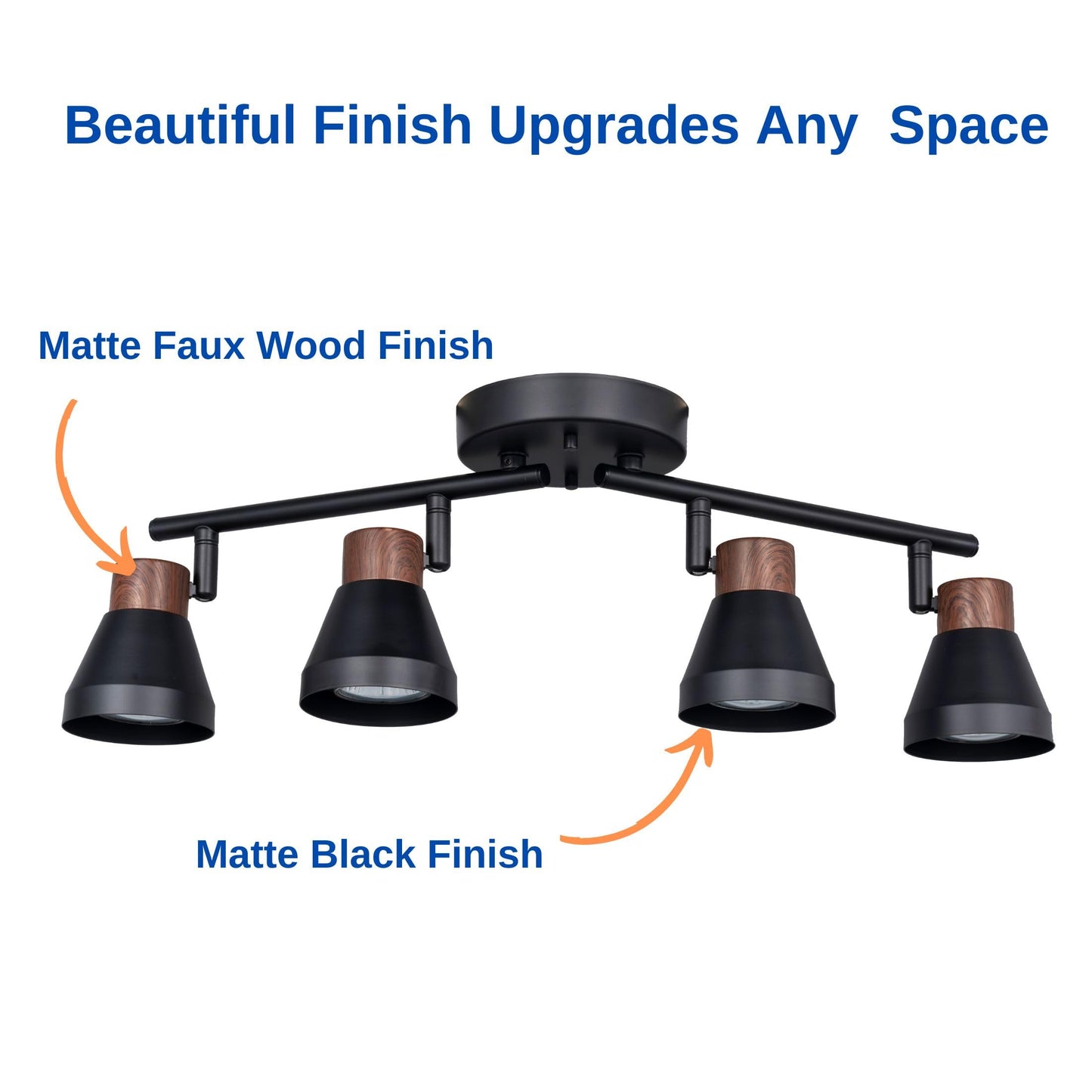 CRAFTRONOS 4 Light Modern Track Lighting Kit Black and Faux Wood Finish, Flexibly Adjustable Arm with Multi-Directional Ceiling Spotlight for Kitchen