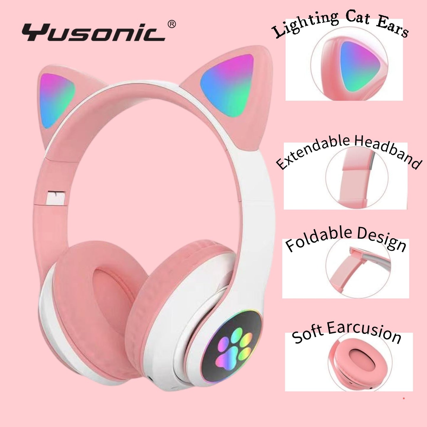 YUSONIC Cat Ear Bluetooth Headphones for Kids & Adults, Wireless Foldable & Wired Multi-Function LED Light Up Over Ear Headphones with Mic and Volume