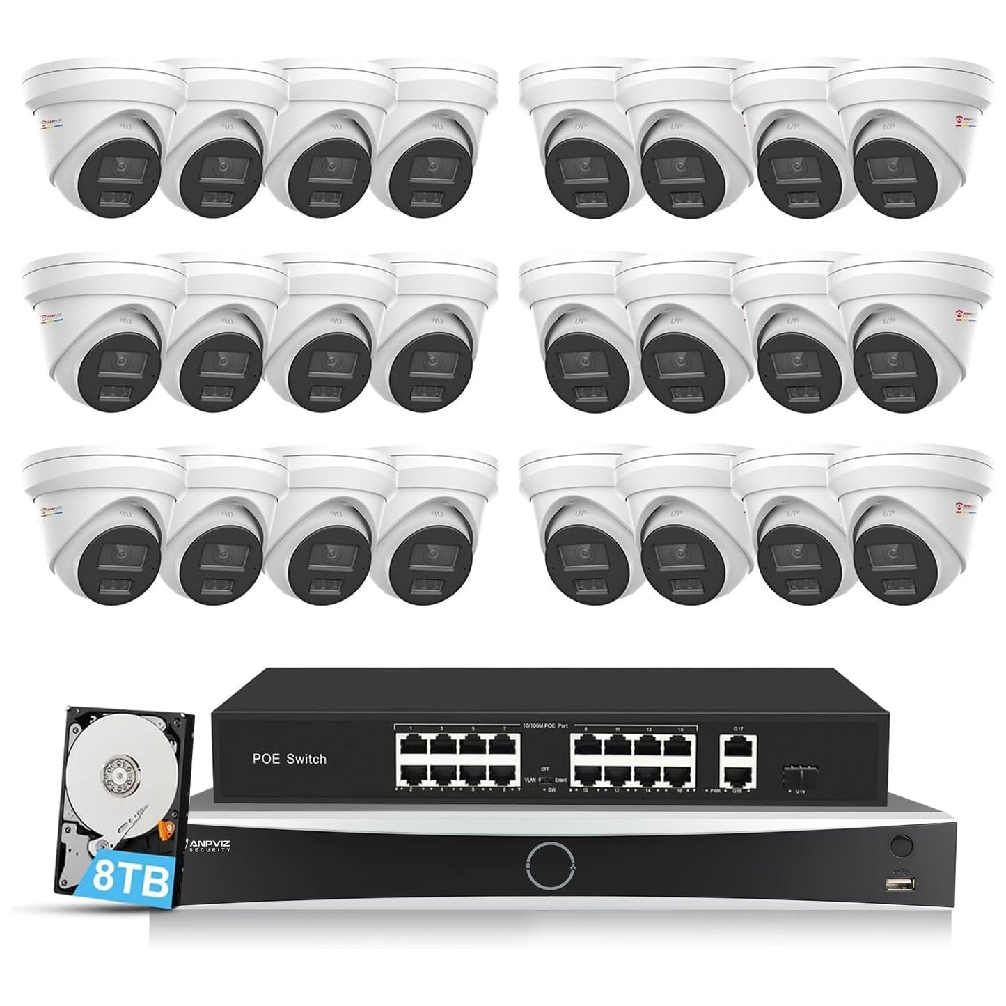 Anpviz 32 Channel 12MP NVR PoE Security Camera System, 32CH H.265+ NVR with 8TB HDD and 16 Ports PoE Switch, 24pcs 4K 8MP IP Wired Cameras with Smart