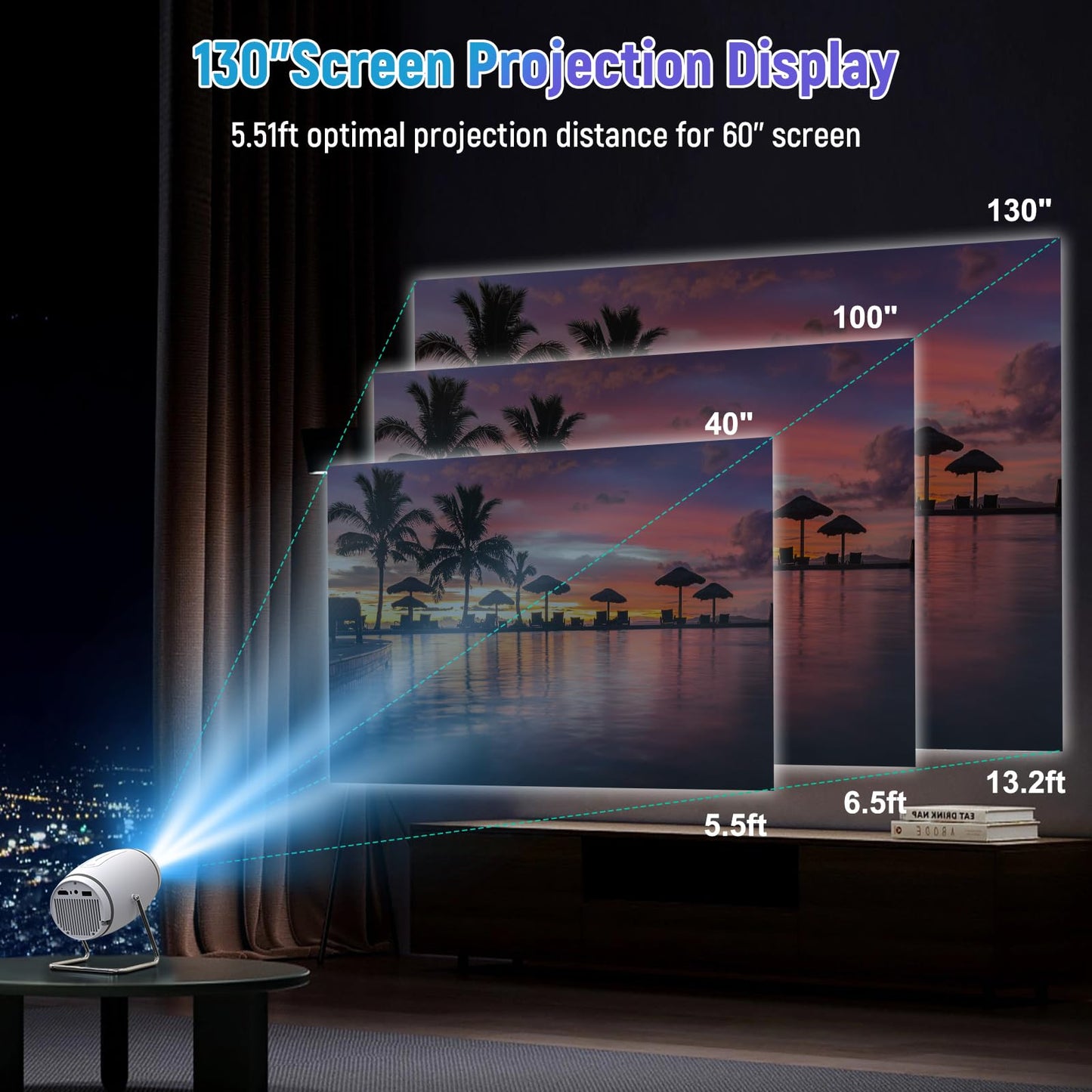 FEARWIKY Mini Portable Movie Projector with WiFi and Bluetooth, 4K 1080P Support, 180° Rotatable 130'' Screen, Auto Keystone Compatible