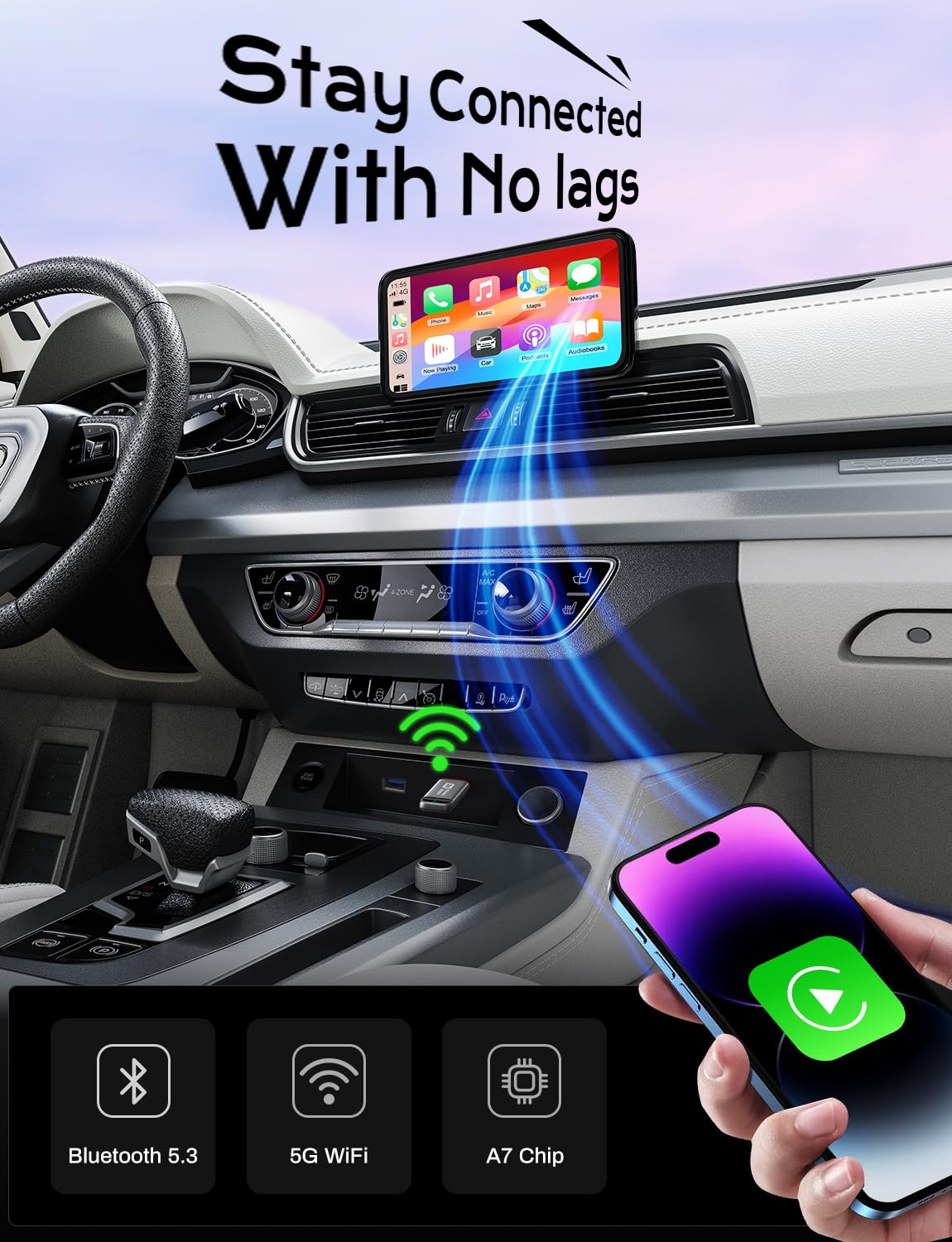 2-in-1 Wireless CarPlay Adapter 2026 Support Apple CarPlay & Android Auto, Fast Auto-Connect, No Latency, Mini Bluetooth Dongle Convert Wired