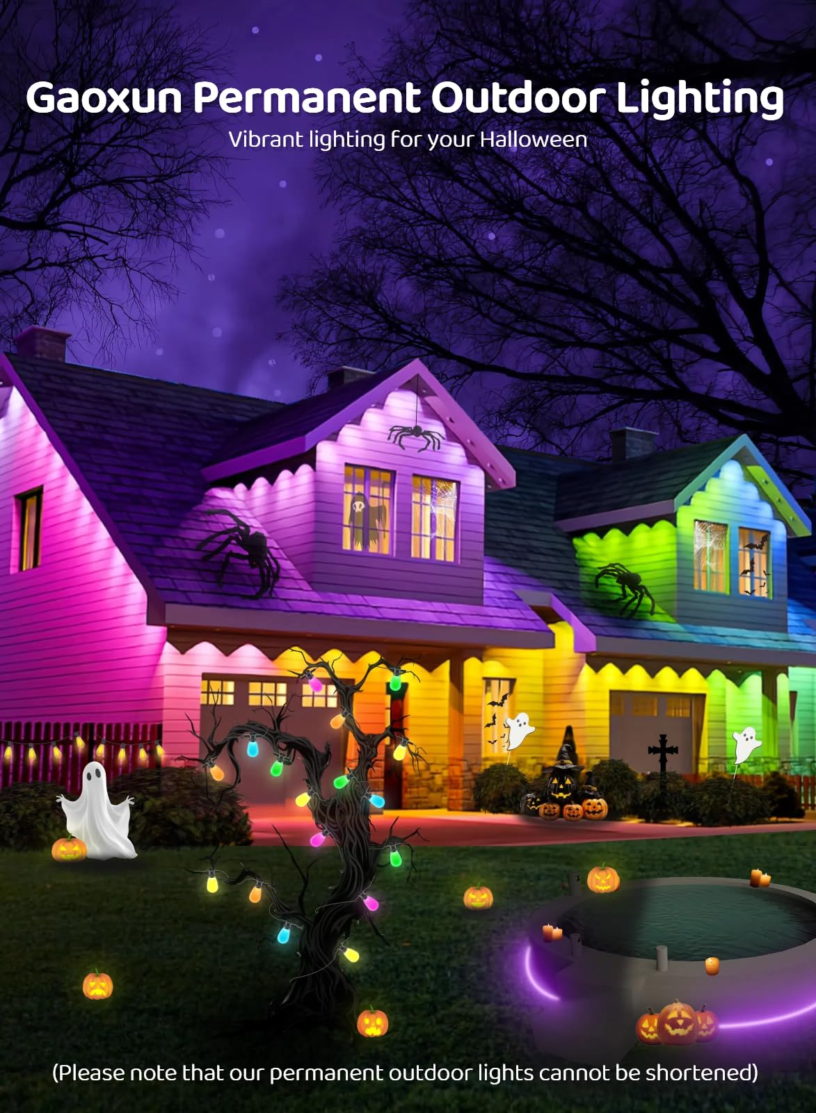 Gaoxun 50ft Permanent Outdoor Lights, RGBW Smart Outside Lights with 30 LED, APP/Remote Control, Dimmable, 47 Scene Modes, Timer, IP67 Waterproof