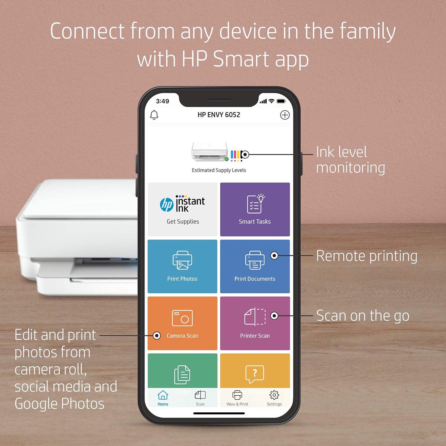 HP ENVY 6052 Wireless All-in-One Color Inkjet Printer, Mobile Print, Scan & Copy, Instant Ink Ready, 5SE18A (Renewed)