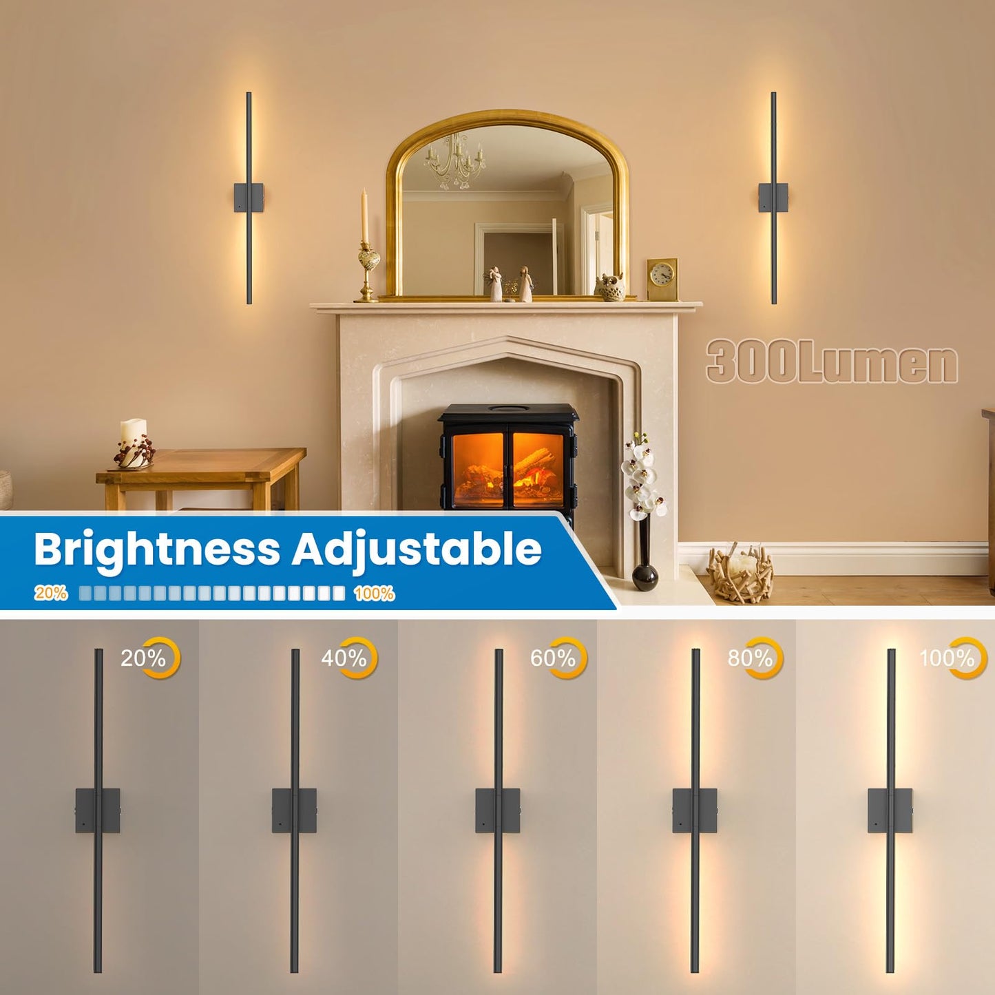 NIORSUN 28 Inch Battery Operated Wall Sconce Set of 2, 360° Rotation Black Rechargeable Wall Lights with Detachable Tube and Remote, 3CCT Dimmable