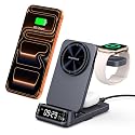 MagSafe Charger Stand with Dimmable Clock, Foldable 3 in 1 Magnetic Wireless Charging Station for iPhone Air/17/16/15 Series, Apple Watch & AirPods