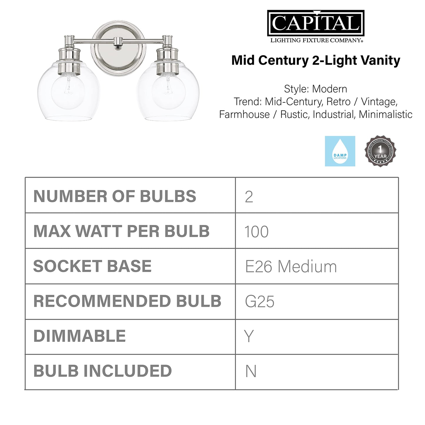 Capital Lighting 121121PN-426 Mid-Century Clear Glass Bath Vanity Wall Mount, 2-Light 200 Total Watts, 10" H x 15" W, Polished Nickel