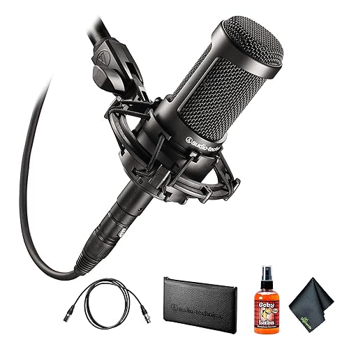 Audio-Technica AT2035 Cardioid Condenser Microphone, Black + Microfiber Cleaning Cloth + Goby Labs Microphone Cleaner + 10 Ft XLR Cable