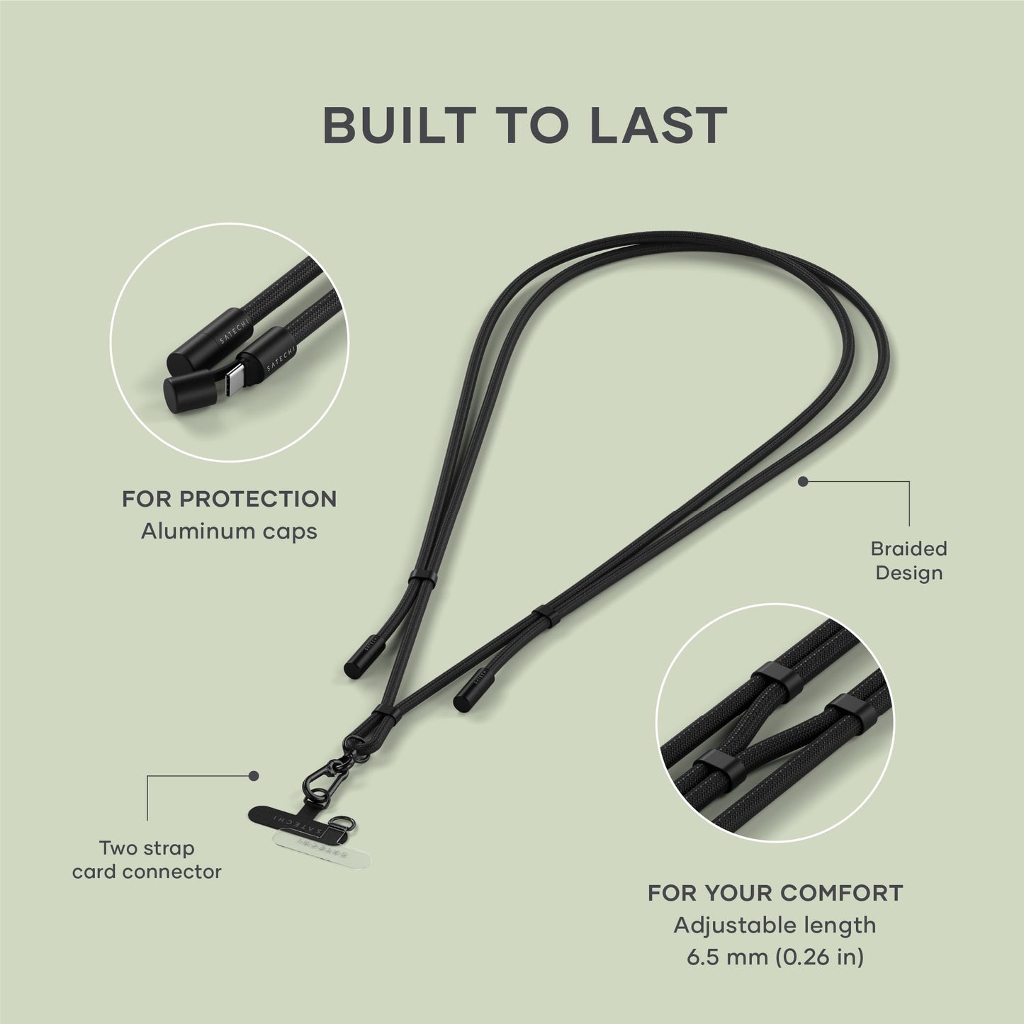 Satechi OntheGo USB-C Lanyard Cable, 60W Fast Charging, 480Mbps Data Transfer, Built-in Crossbody Strap, Adjustable 1.5m / 4.9ft Braided Cord, USB-C