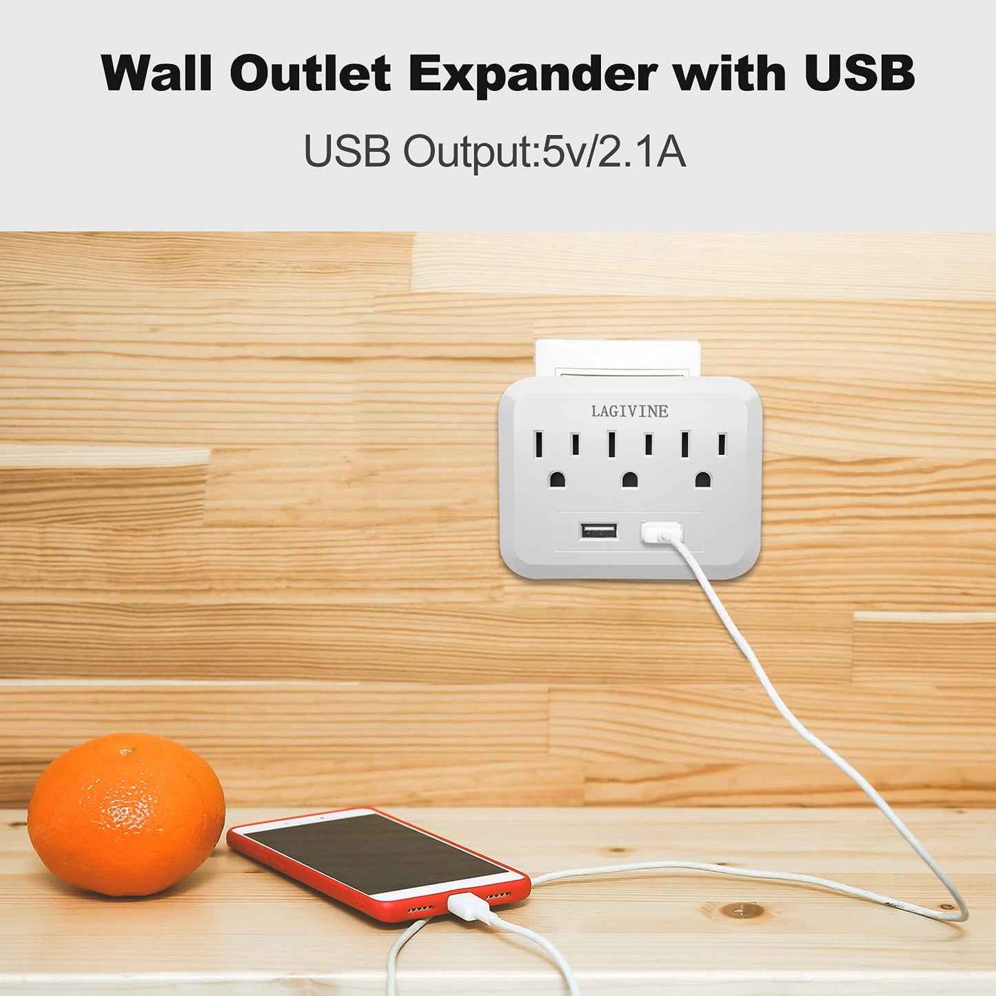 USB Wall Power Strip, 3 Outlet Extender with 2 USB Ports Outlet Adapter, Multi Plug Outlet Splitter for Travel, Home Office Accessories (White)