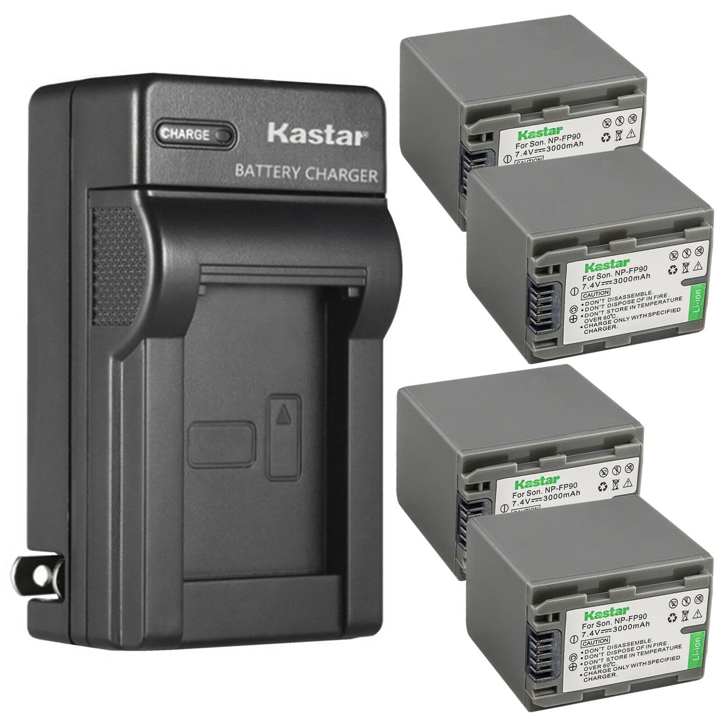 Kastar NP-FP90 / FP91 4-Pack Battery and AC Wall Charger Replacement for Sony DCR-HC44, DCR-HC46, DCR-HC65, DCR-HC85, DCR-HC94, DCR-HC96, DCR-SR30