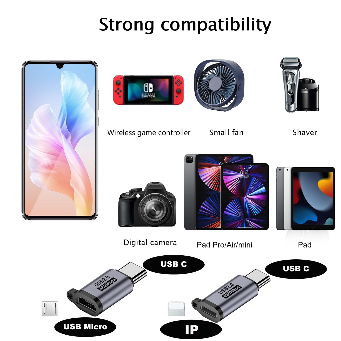 Liaoan USB C to Micro Adapter, IP to USB C, and Type-C to USB A Adapter, (9 Pieces),Supports Fast Charging up and Supports a Data Transfer 。