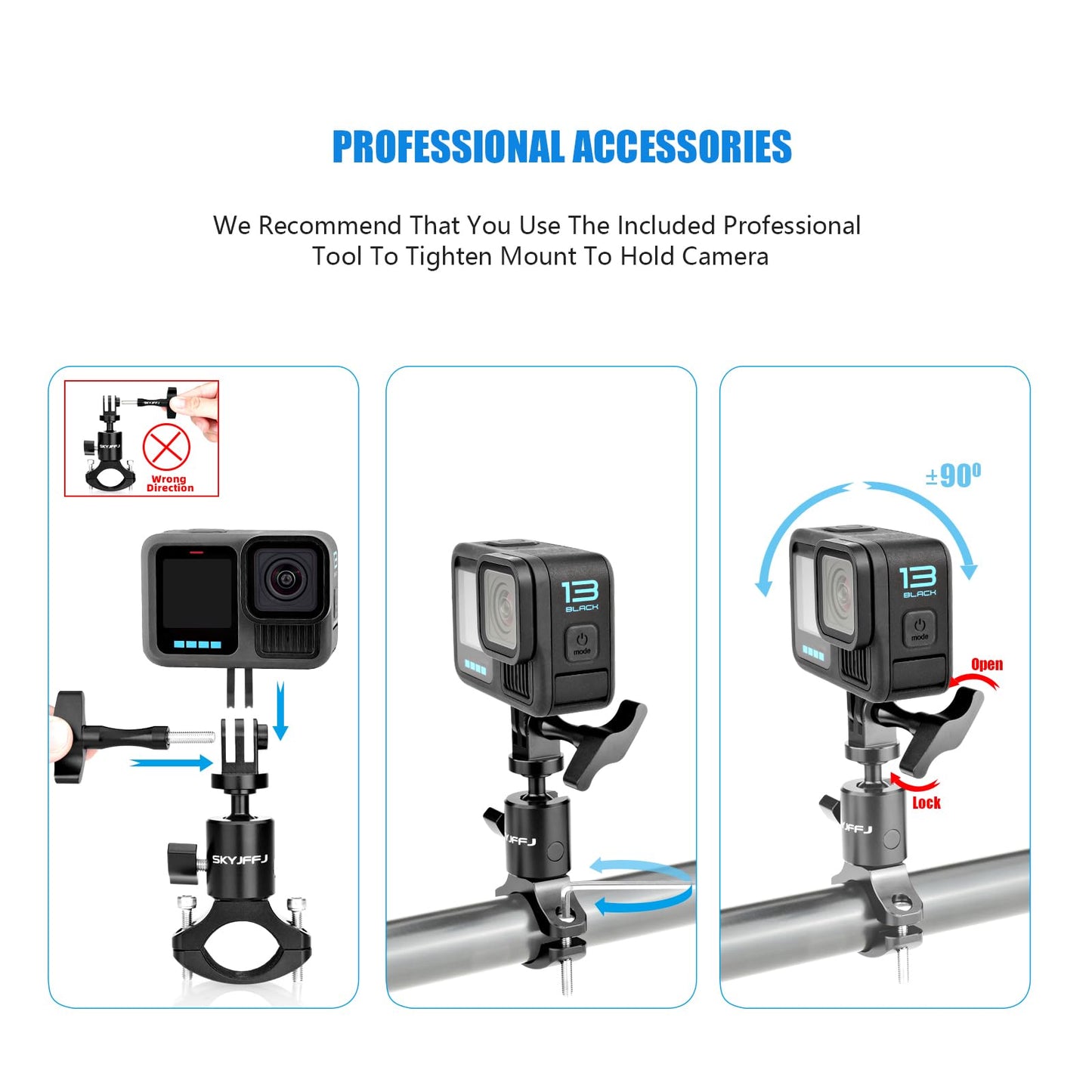 SKYJFFJ Ball Head Gimbal Camera Bike Handlebar Mount for Gopro Hero 13 12 11 10 9 8,360 Degree Rotating Aluminium Bicycle Motorcycle Mount DJI Osmo