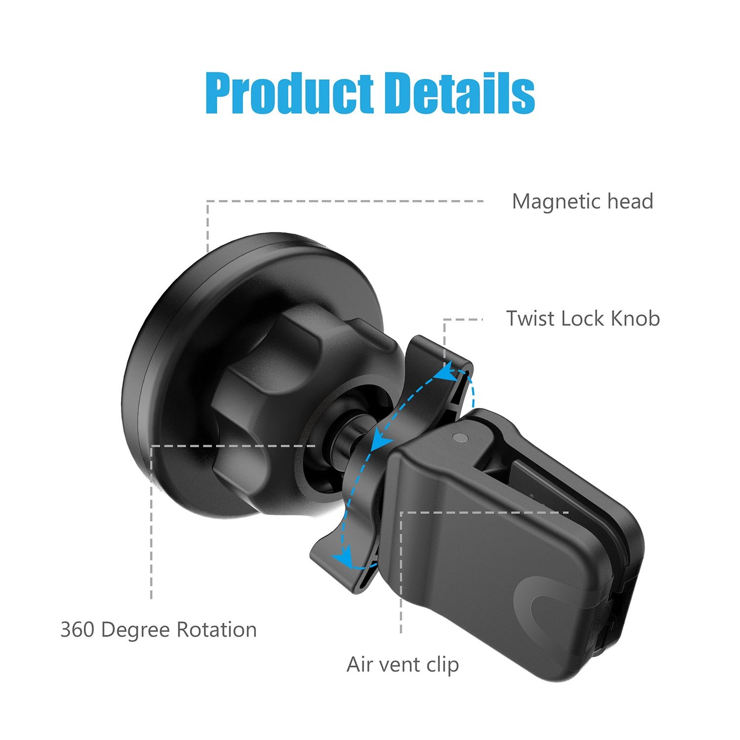 WixGear Universal Twist-Lock Air Vent Magnetic Car Mount Holder for Cell Phones with Fast Swift-snap Technology - Supports Devices up to 14oz