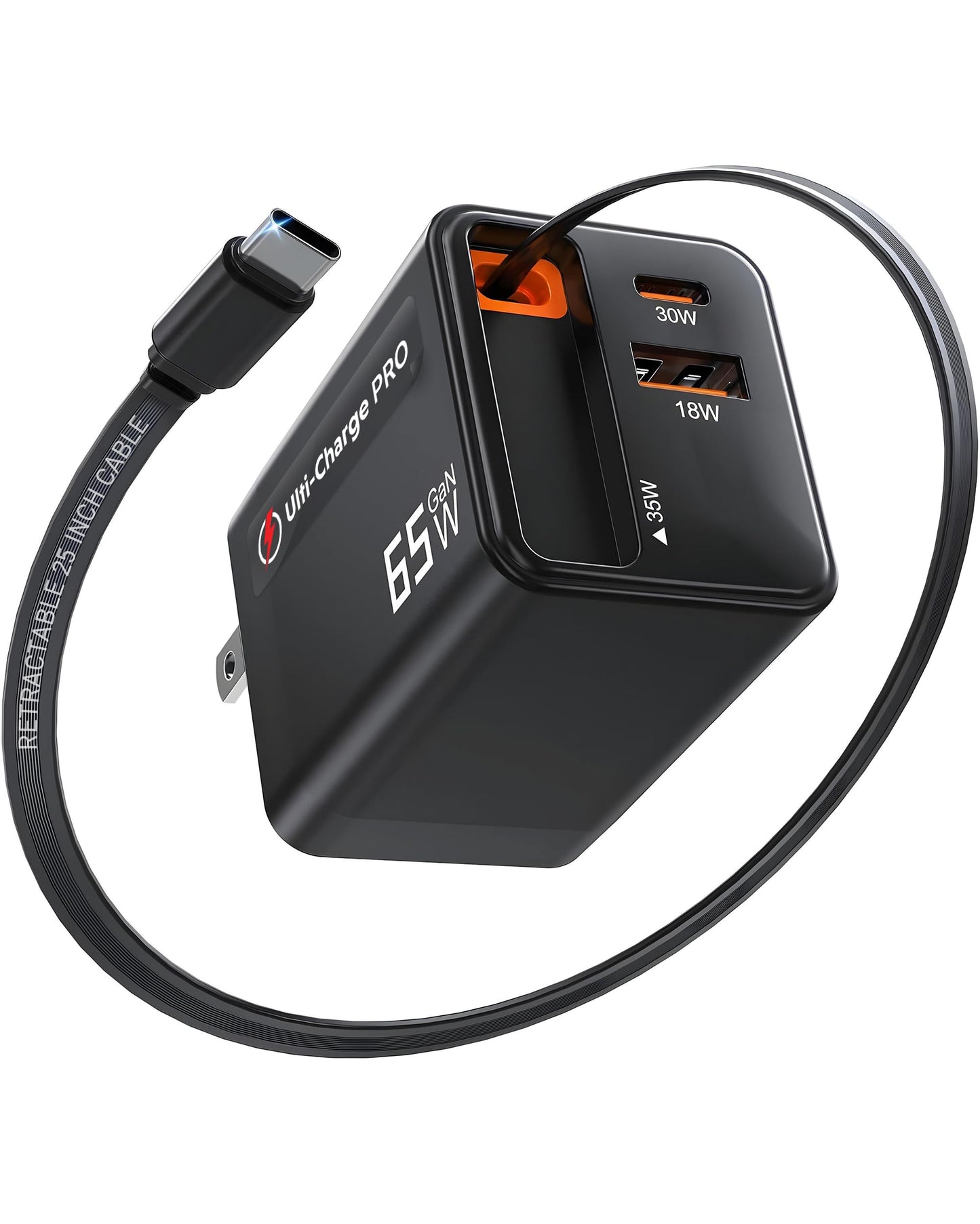 Ulti Charge Pro 65W USB C Charger with 25 Inch Retractable USB C Cable, Dual C/A Ports, Foldable Plug Travel Adapter for iPhone Galaxy Pixel iPad